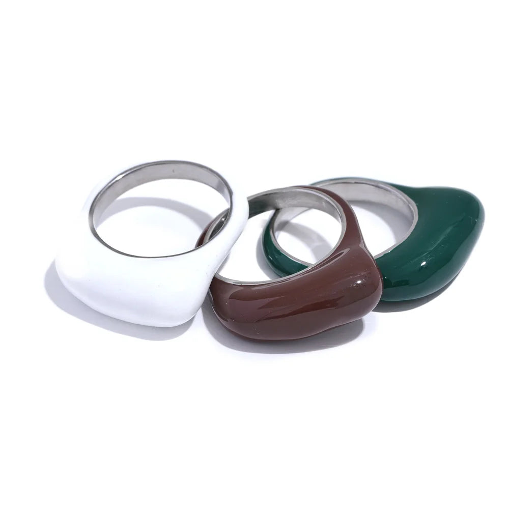 JINYOU 6954 White Green Brown Enamel Stainless Steel Geometric Chic Ring for Women Personalized Finger Jewelry