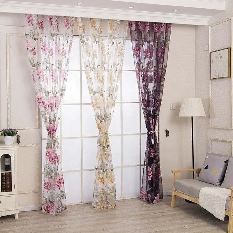 Factory Wholesale Floral Sheer Drapes Peony Sheer Curtains Grommet Panels Voile Tulle for Living Room Decor