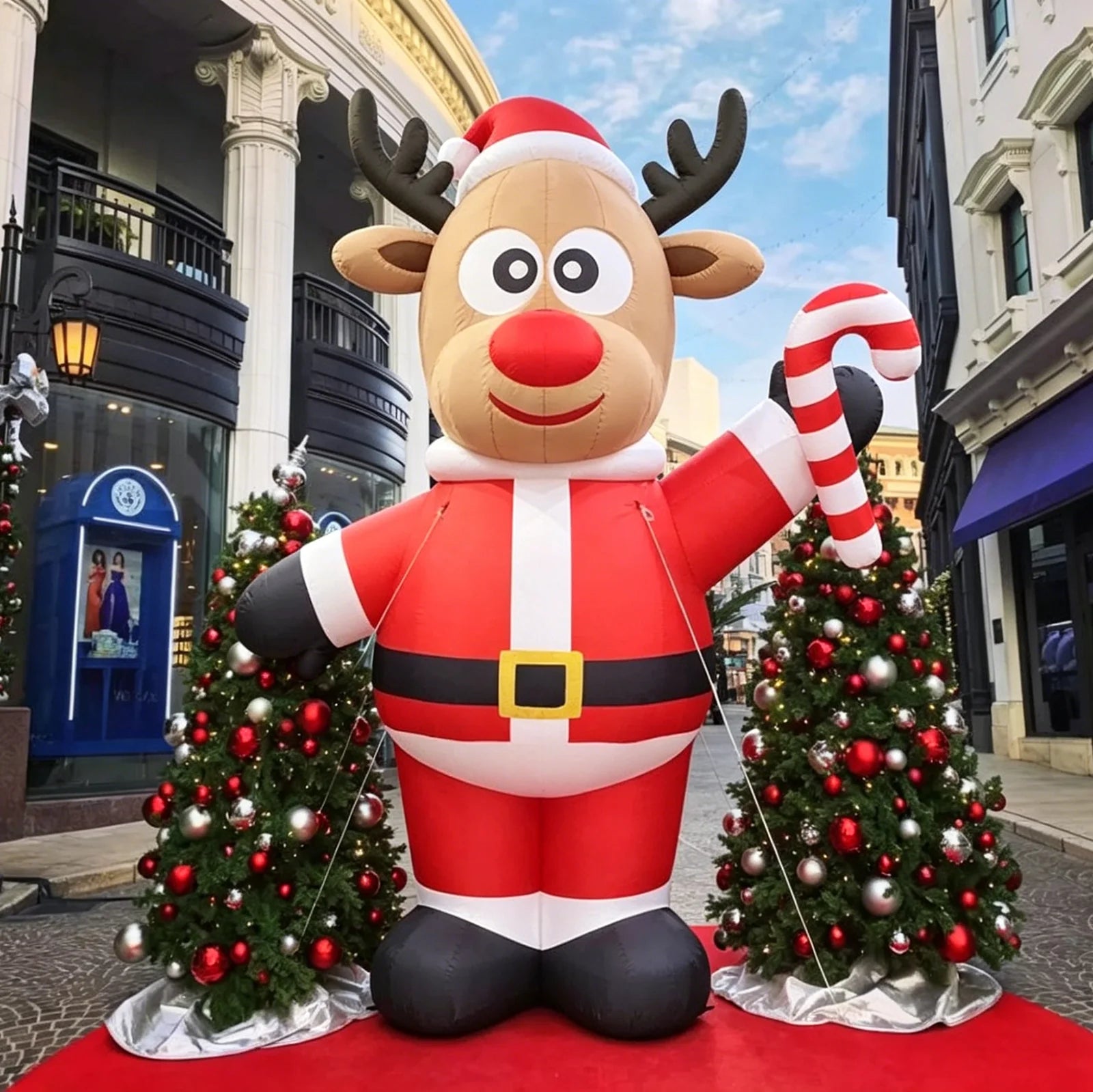 Custom Plush Moose Inflatable in Santa Costume Holding Candy Cane for Christmas Decorations