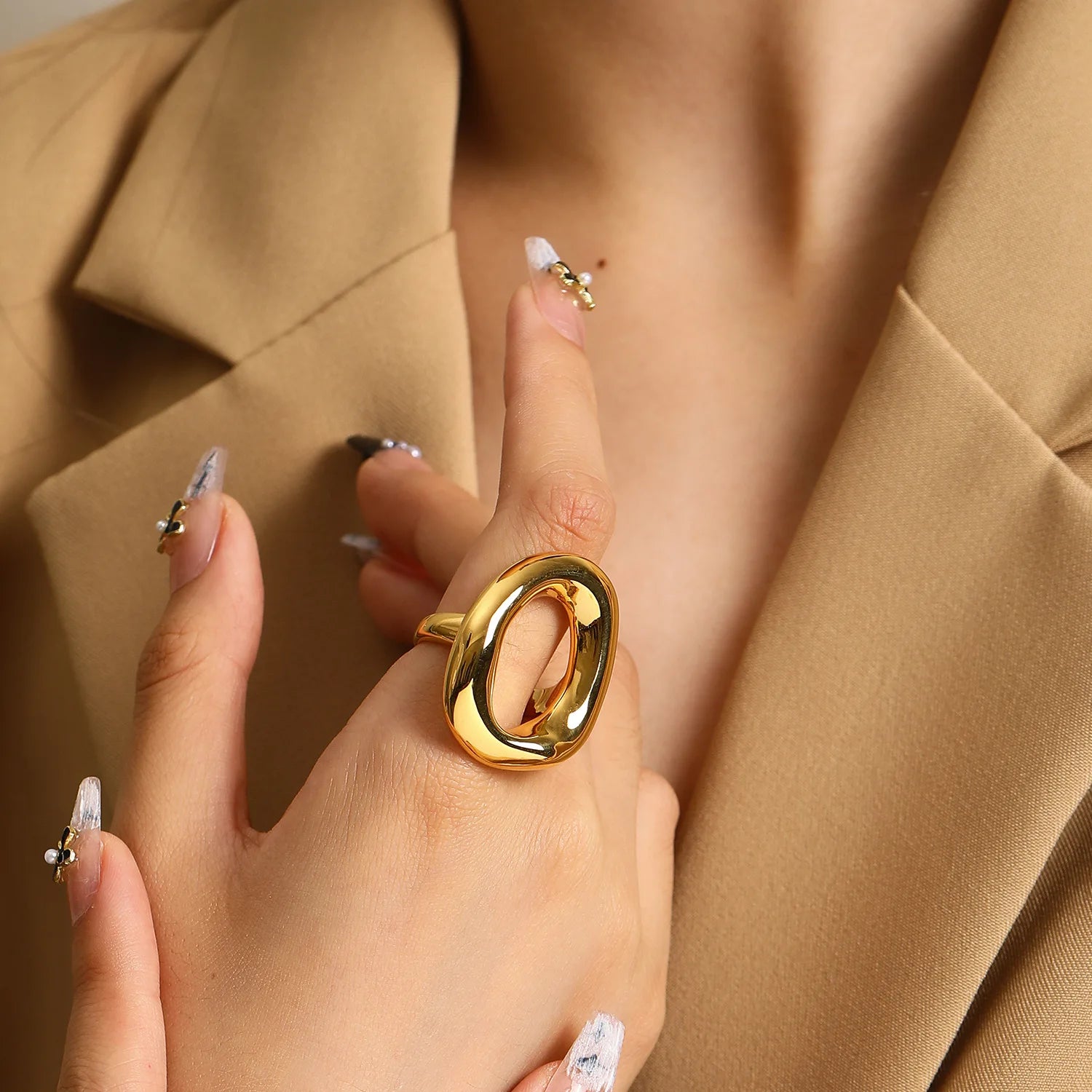 Nabest Stainless Steel Geometric Hollow Out Ring Non Tarnish Jewelry Women 18k Gold Plated Extra Large Rings