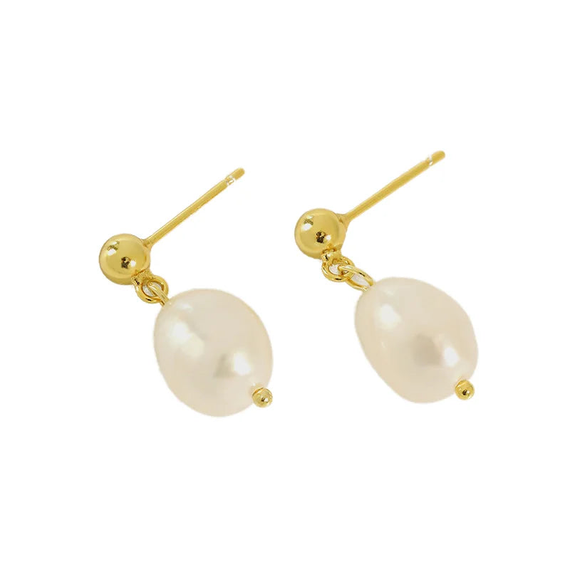 Wholesale 925 Silver Baroque Pearl Dangle Stud Earring Simple Design for Women Gold Vintage Geometric Pattern for Gift