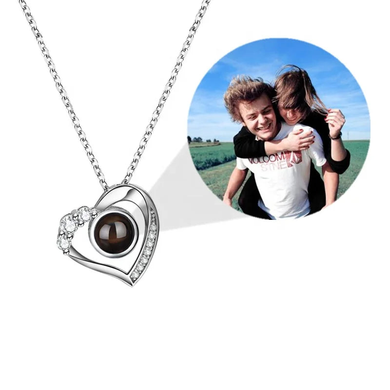 Personalized Sterling Silver Zirconia Heart Shape Photo Projection Necklace