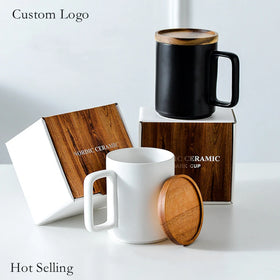 Custom Logo Large 15oz Nordic Matte Blue Black White Ceramic Coffee Mug with Wooden Lid Gift Box