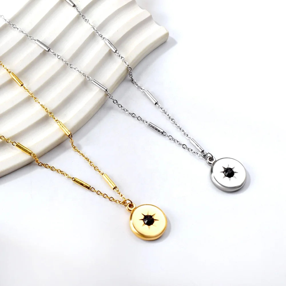 Fashion Necklace Jewelry Waterproof Stainless Steel 18k Gold Plated Black Zirconia Set Pendant Necklace for Woman