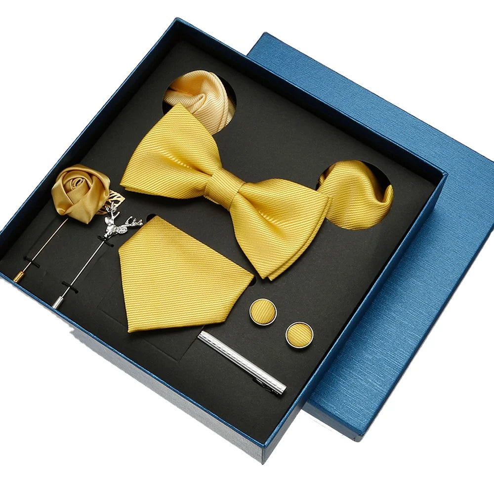 Luxury Business Style Tie Set Men Includes Necktie Bowtie Hanky Brooches Cufflinks Polyester Custom Logo Design Gift Boxed
