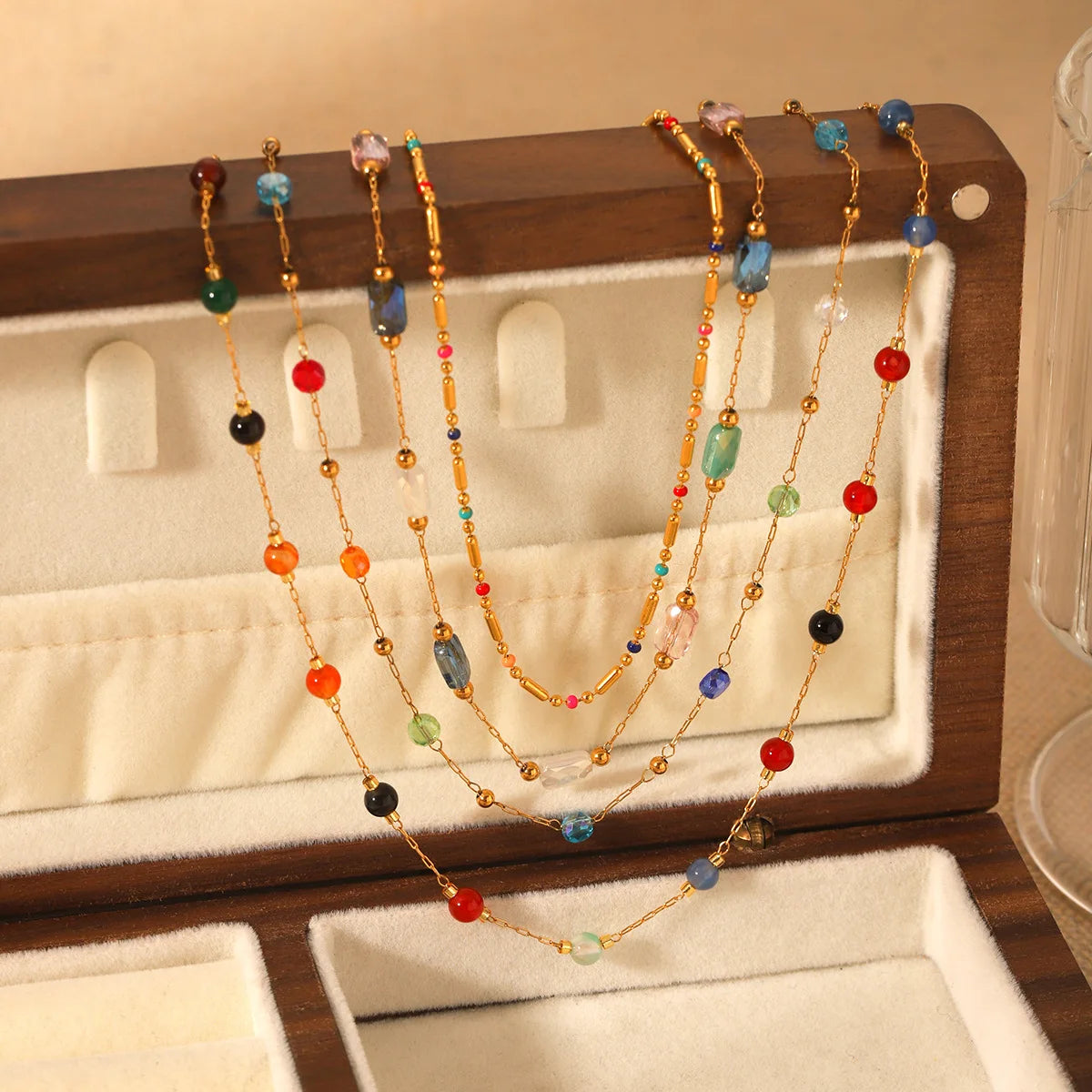 Bohemian Style Colorful Natural Stone Beaded Chain Stainless Steel Necklace Women's Clavicle Chain No Tarnish