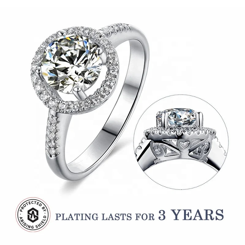 Abiding Custom White Gold Plated Halo Engagement Wholesale Price 1CT Moissanite Diamond Ring 925 Silver Ladies Rings