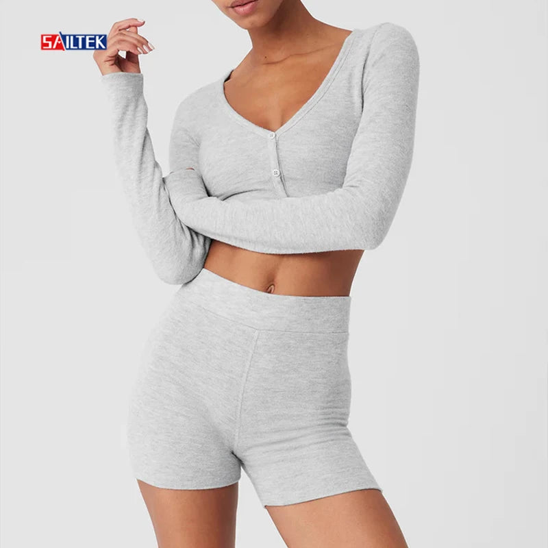 Summer Clothes for Women 2026 Loungewear Women Sets Custom Cotton Two Piece Long Sleeve Tops and Shorts Set