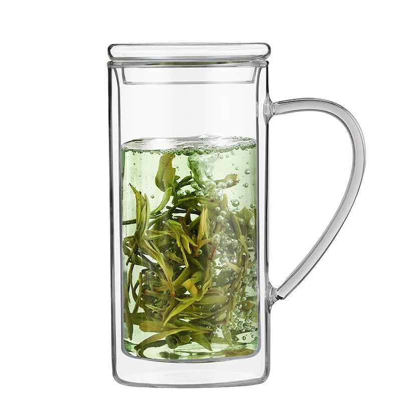 Custom Logo Double Wall Borosilicate Glass Tea Mug with Handle Double Wall Glass Cup with Lid