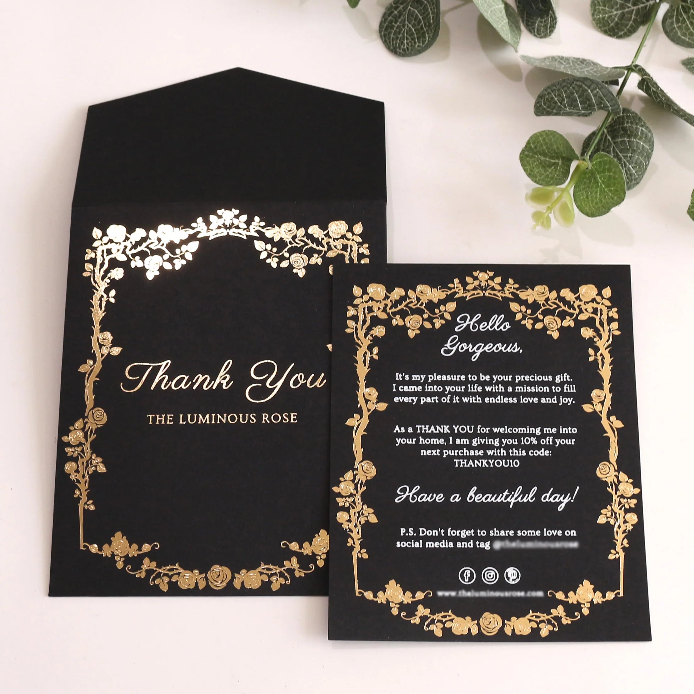 Modern Luxury Wedding Invitations Custom Black Gold Floral Design White Foil Thank You Cards Envelopes Music Angel Cross Paper