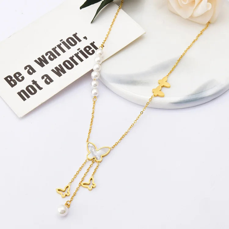 Pearl Butterfly Pendant Necklace Stainless Steel Butterfly Tassel Pendant Necklace for Women