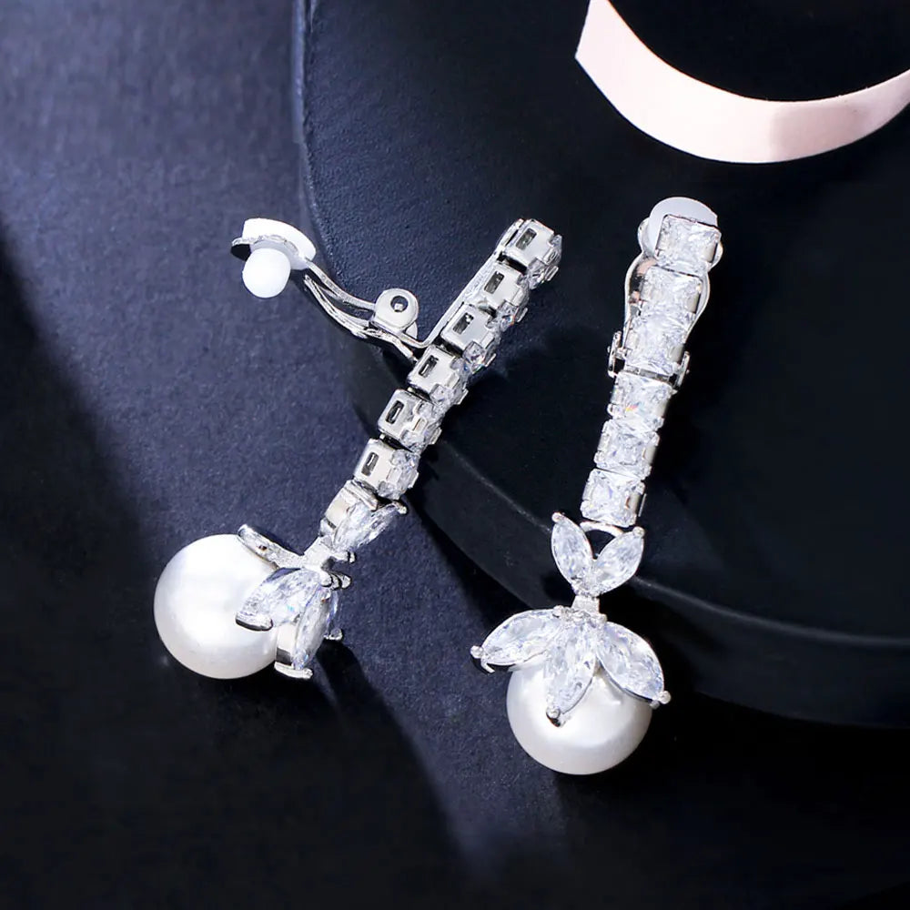 Sparking White CZ Elegant Flower Pearl Pendant Long Non Pierced No Ear Hole Ear Clip on Earrings for Women Wedding Dress Jewelry
