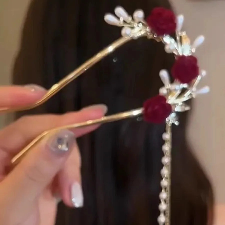 Chinese U Shape Hair Stick Women's Red Flower Tassel Hairpin Ancient Hair Bun Forks Chopsticks Rhinestone Hanfu Hair Jewelry