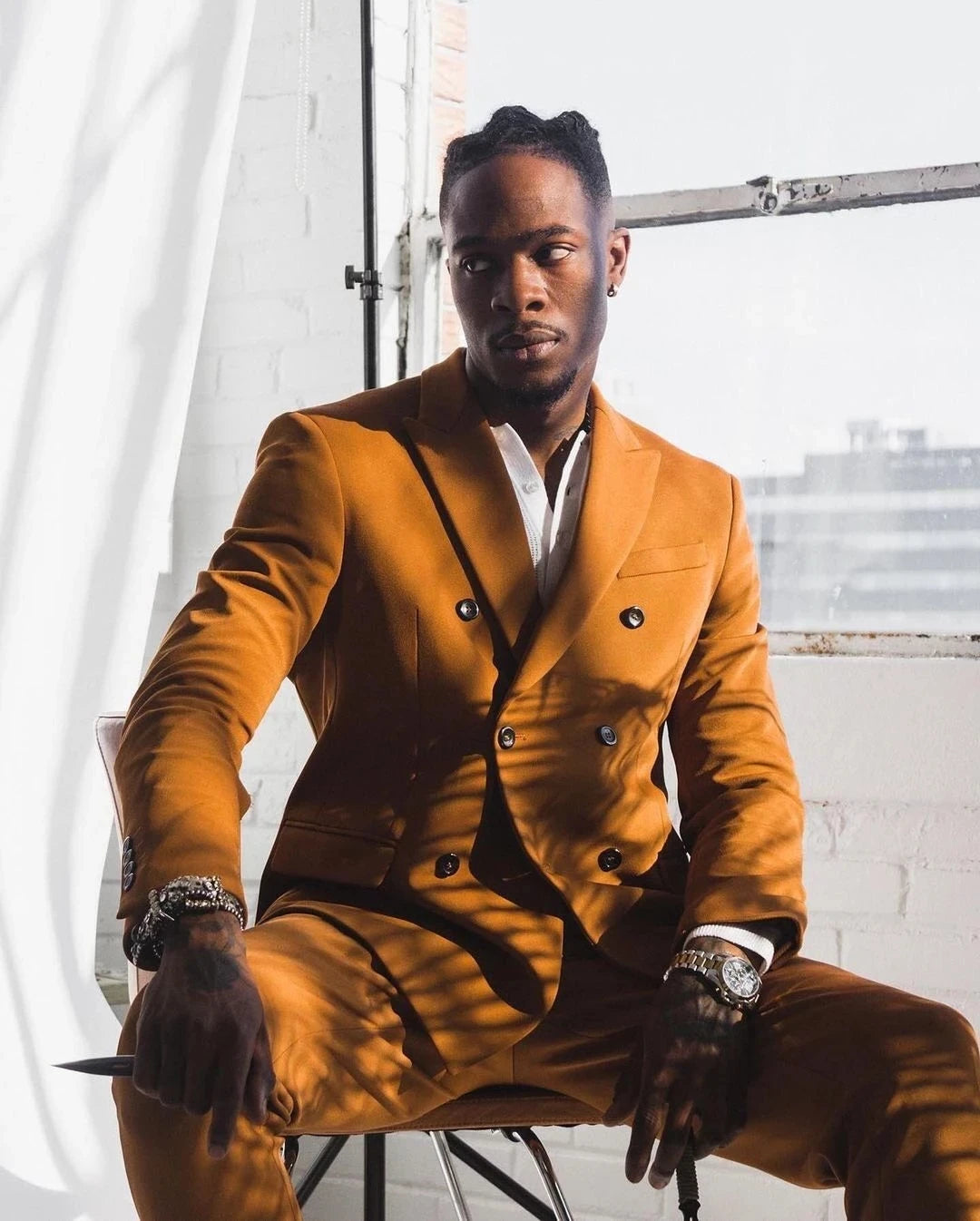 Custom Made Double Breasted Fashion African Golden Men Suits Tuxedo for Wedding Groom Prom Slim Blazer 2 Pcs Men Jacket Suit