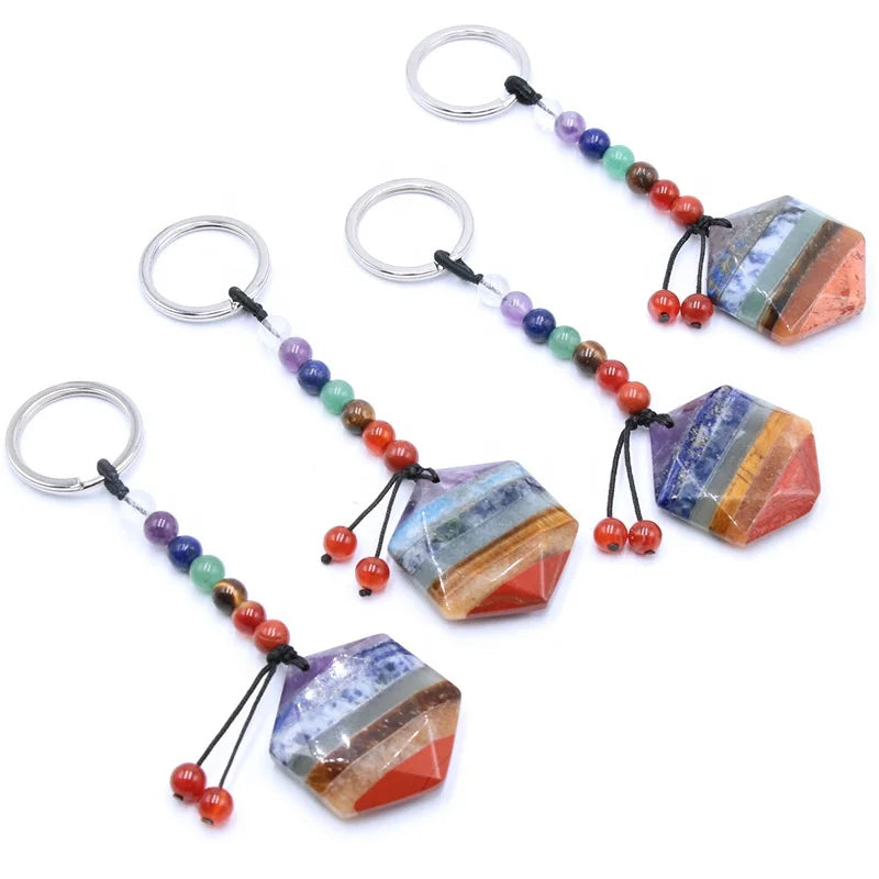 Natural Geometric Pendant Crystal Keychain Merkaba Star Charms Key Chain Handmade Chakra Hexagonal Column Pendant Key Rings