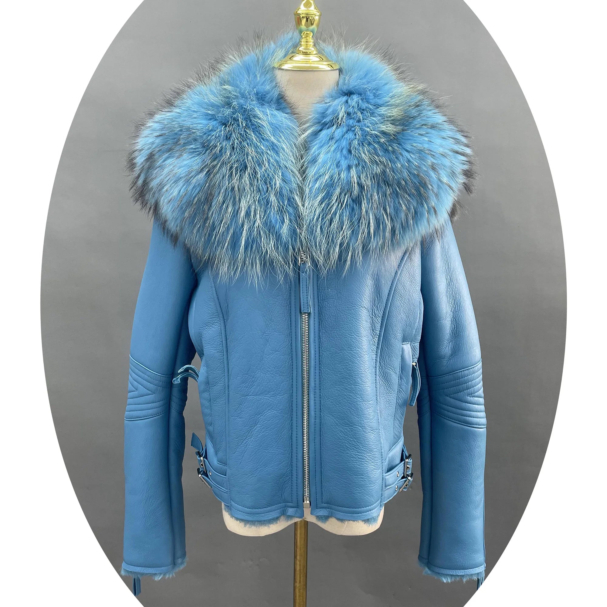 Janefur Women Sheepskin Coat With Fur Winter Fashionable Sheep Leather Jacket With Raccoon Fur Collar