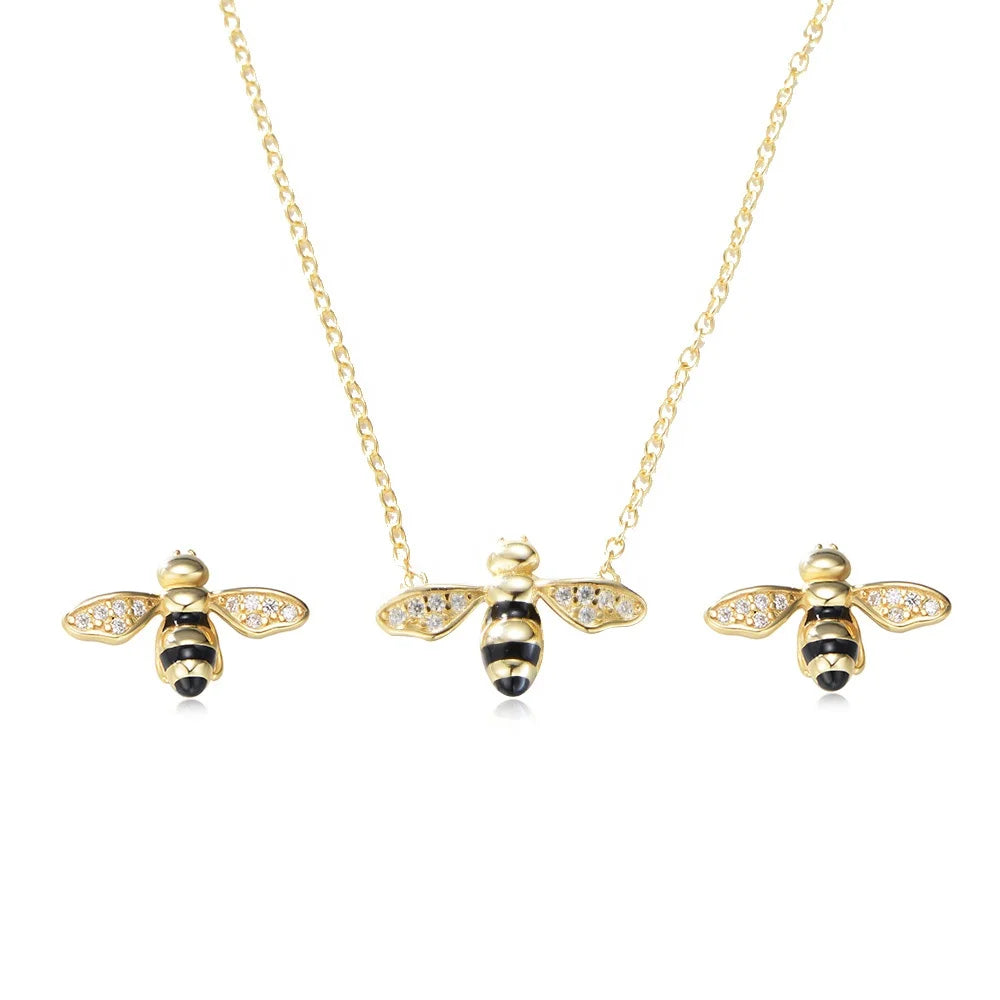 Dainty Bee Jewelry 925 Sterling Silver Animal Zircon Multi Level Color Bee Shape Earrings Necklace Jewelry Set