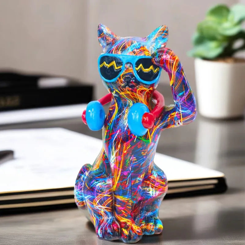 Creative Water Transfer Printing Artwork Colorful Resin Cat Statue Headphone for Home Office Living Room Table Ornaments