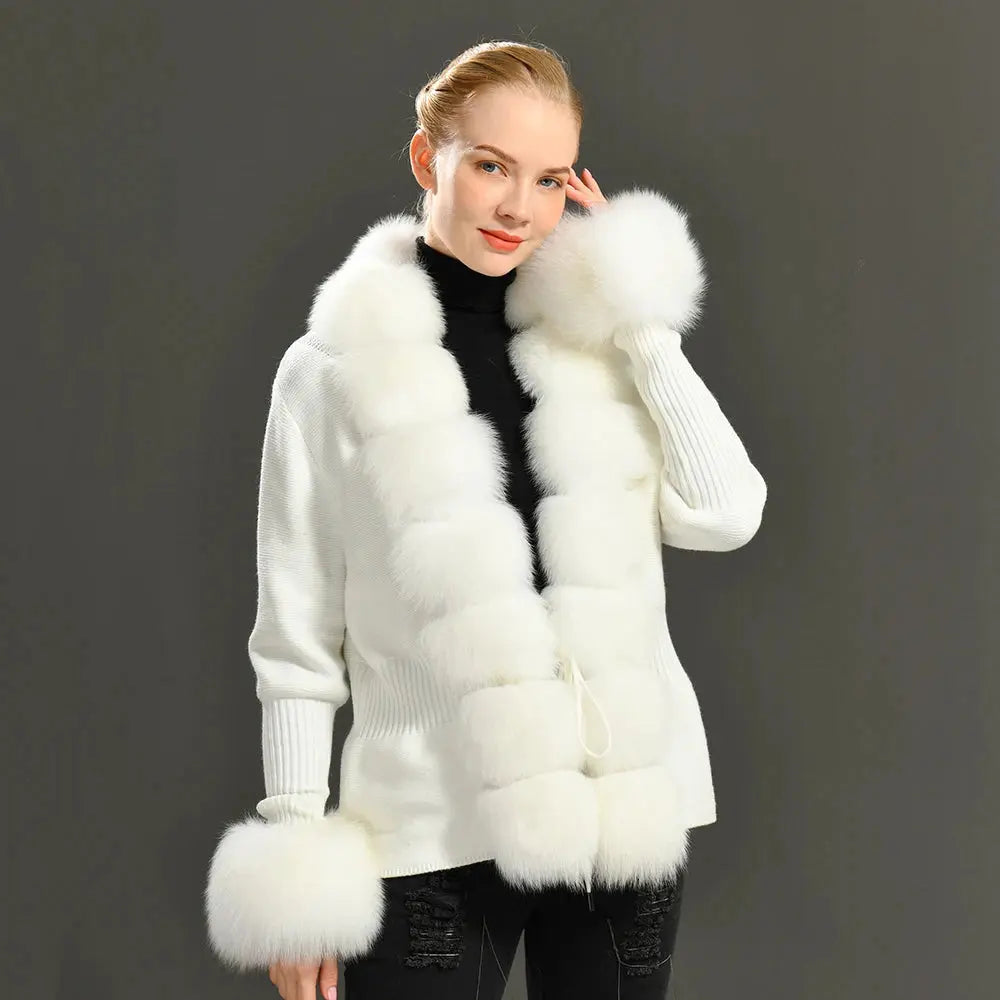 2022 Ladies Autumn Winter Korean Style Fashion Women Long Sleeve Knitted Cardigan Women With Real Fur Trim