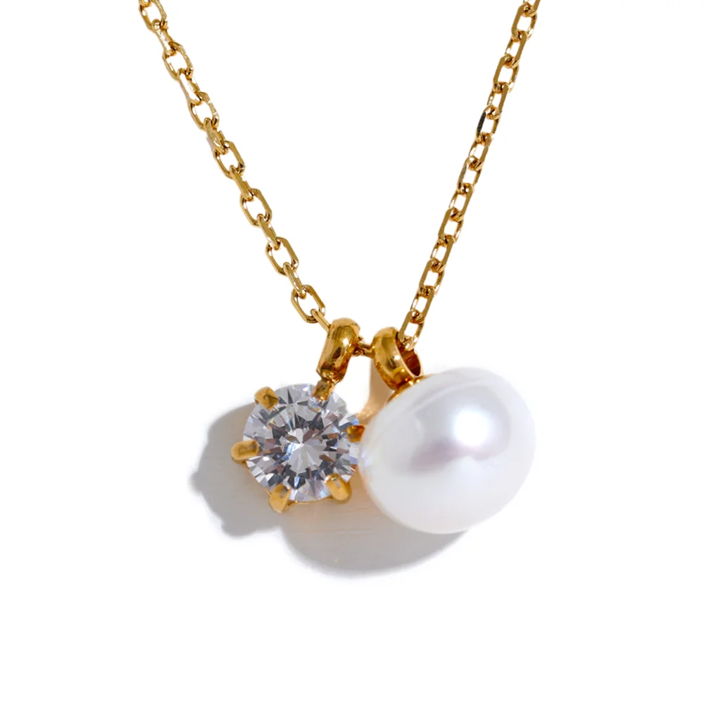 JINYOU 1380 New Exquisite Stainless Steel Cubic Zirconia Natural Pearl Pendant Luxury Necklace Charm Fashion Korean Jewelry