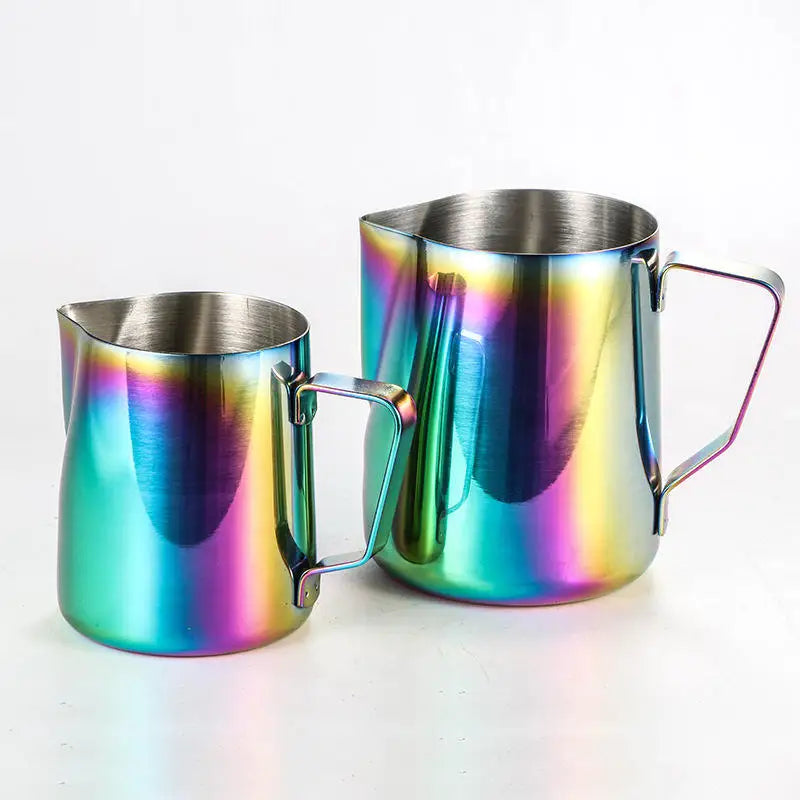 Custom logo 350ML 600ml Food Grade Stainless Steel Rainbow Milk Jugs Espresso Pull Flower Cup