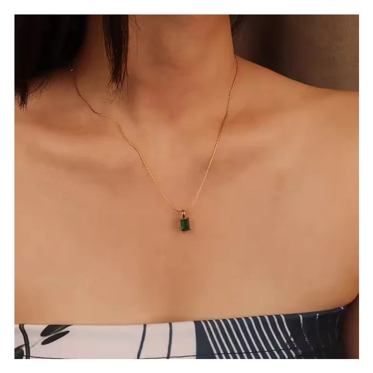 Chris April in Stock Fashion Jewelry PVD Gold Plated 316L Stainless Steel Emerald Zircon Pendant Necklace with Bamboo Thin Chain