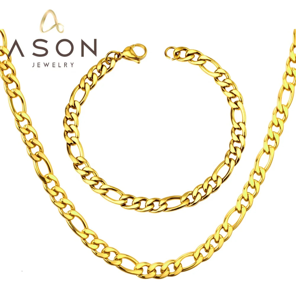 Ason Jewelry New Stainless Steel Length 50CM/55CM/60CM Necklaces 22CM Bracelets Width 7MM Chain All-match Set for Women Men