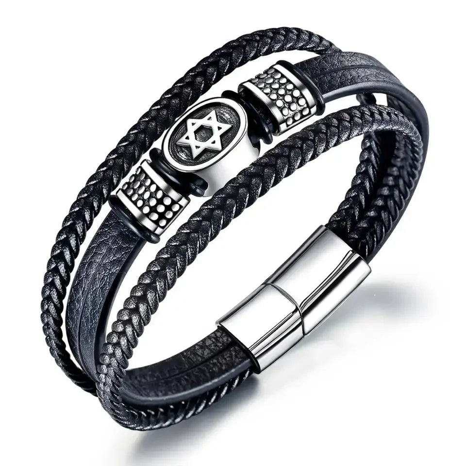Black Silver Clasp Genuine Handmade Braided Multilayer Custom Engraved Logo Women Men Stainless Steel Leather Bracelets PH1366