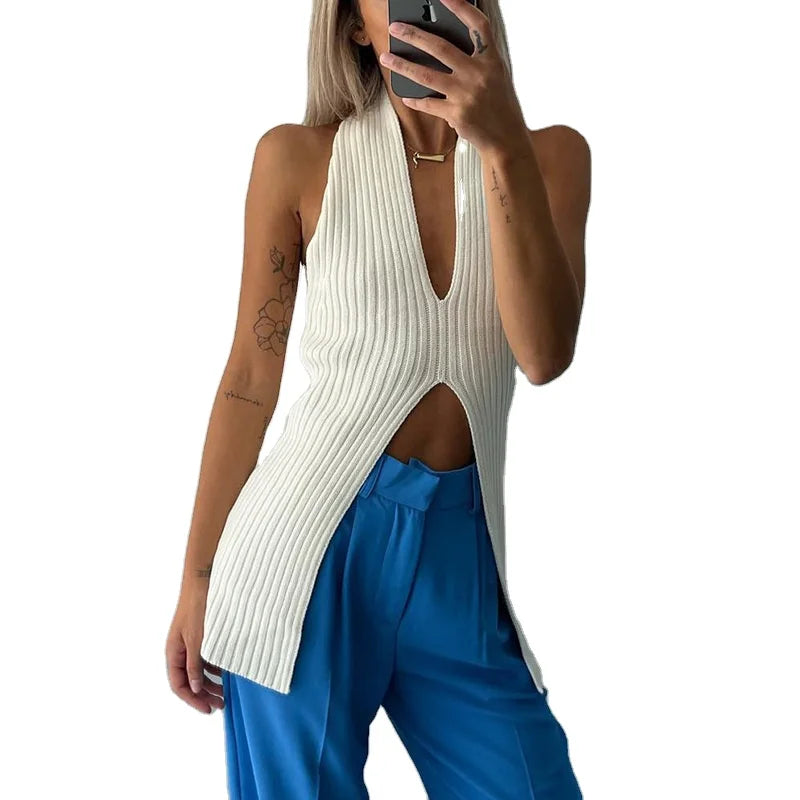 Women's Split Mid-length Knitted Vest Spring and Summer Hem Split Sleeveless Pullover Low-cut Clothes Backless Top for Women