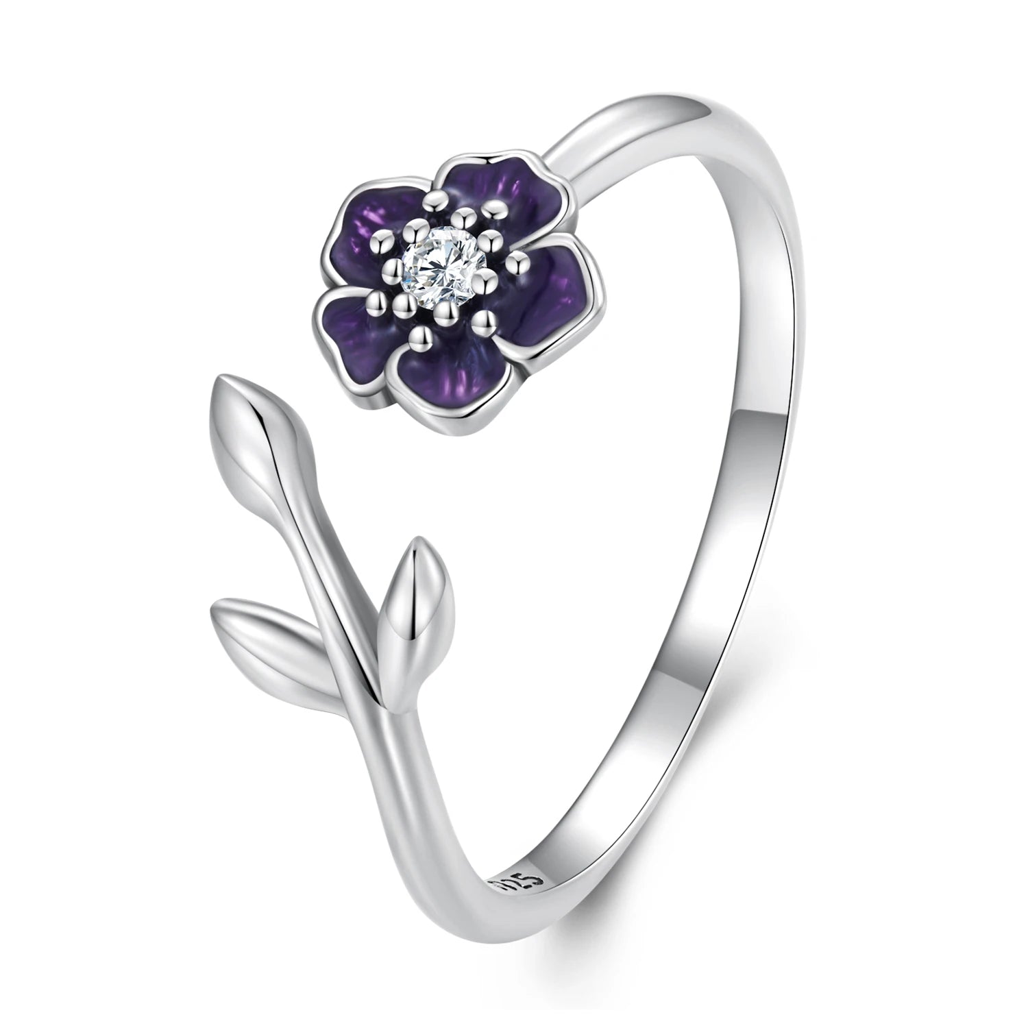 925 Sterling Silver Enamel Purple Flower Adjustable Ring Zircon Opening Ring for Women Birthday Gift Fine Jewelry BSR394