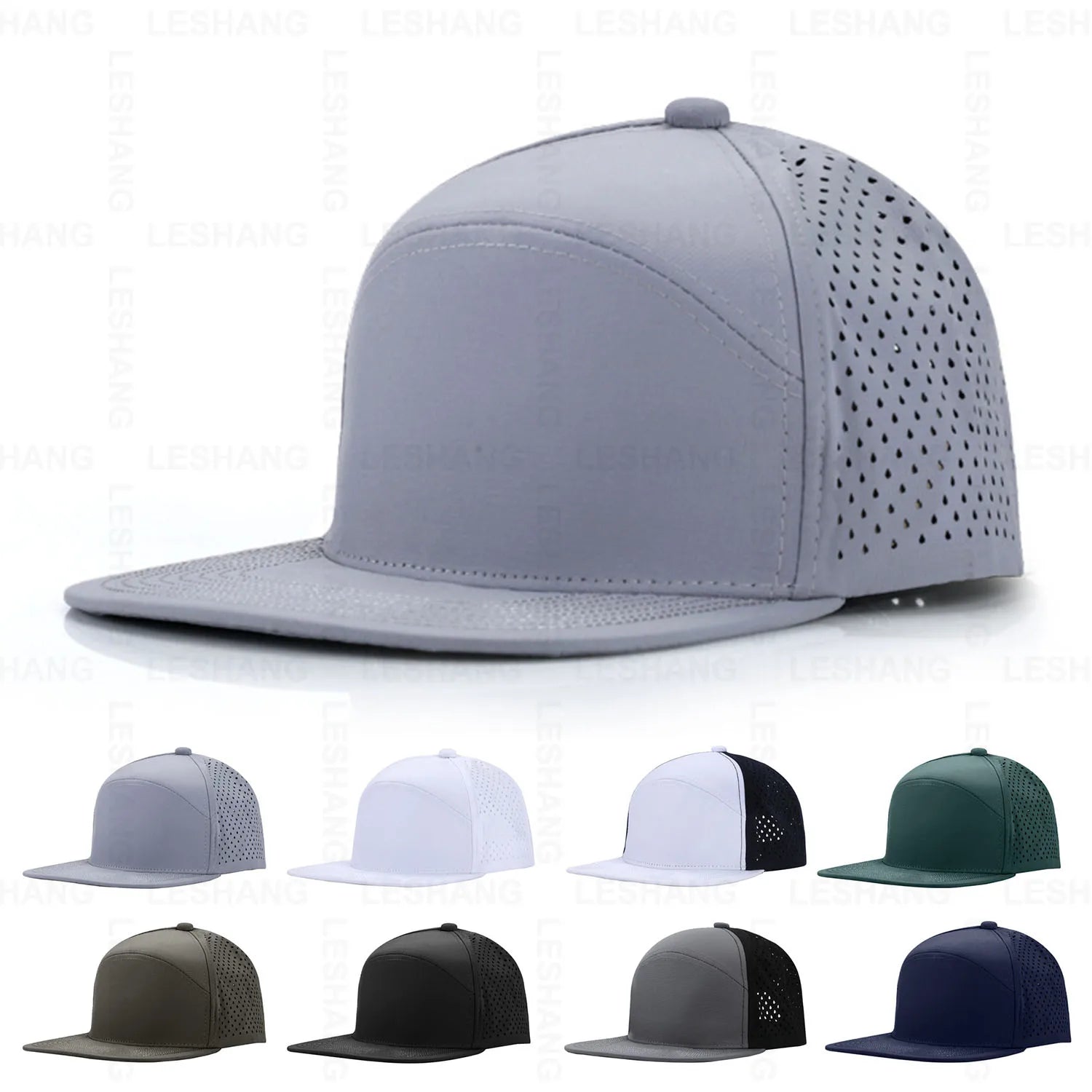 Wholesale Waterproof Quick Dry Polyester 6-Panel Flat Brim Trucker Hats Custom Logo Running Laser Cut Perforated Snapback Caps