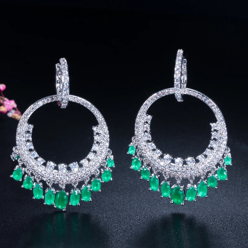 Fashion Big Round Ethnic Dangling Long Hoop Earrings for Women Green Clear CZ Engagement Wedding Prom Dress Accessories