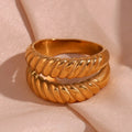 Dreamshow Double Layer Engraved Croissant Statement Rings Gold Plated Jewelry Stainless Steel Signet Ring