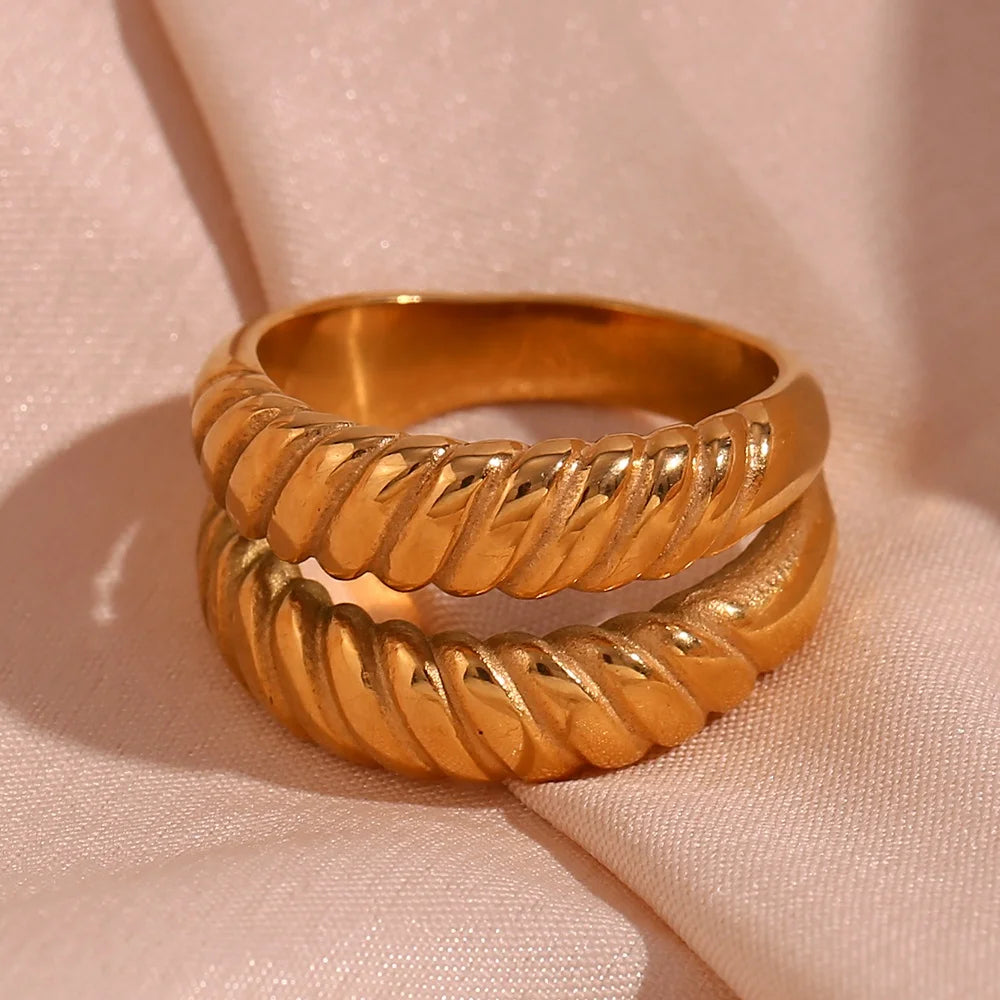 Dreamshow Double Layer Engraved Croissant Statement Rings Gold Plated Jewelry Stainless Steel Signet Ring