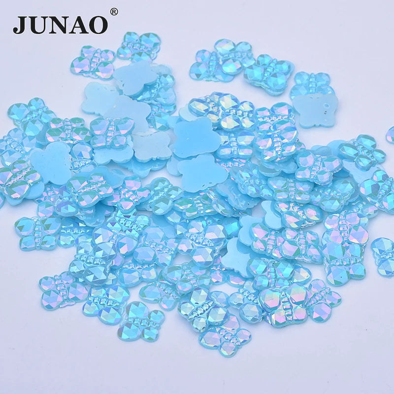 JUNAO Wholesale 8*10mm Butterfly Shape Resin Crystal Strass Non Hotfix Fancy Aquamarine AB Rhinestone Applique for Clothes