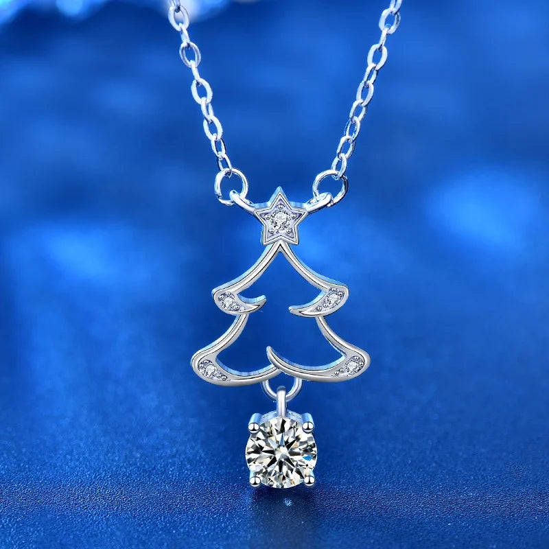 XMZ010 Christmas Tree Engagement Fine Jewelry 925 Sterling Silver 5mm 0.5 Carat D Color Moissanite Diamond Necklace for Women