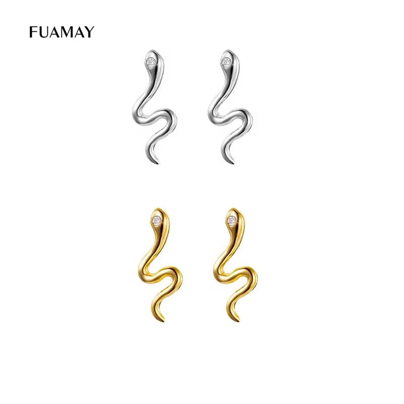 FUAMAY 925 Sterling Silver Minimal Snake Stud Earrings Gold Plated Vermeil Jewelry with Zircon for Anniversary Party Gift