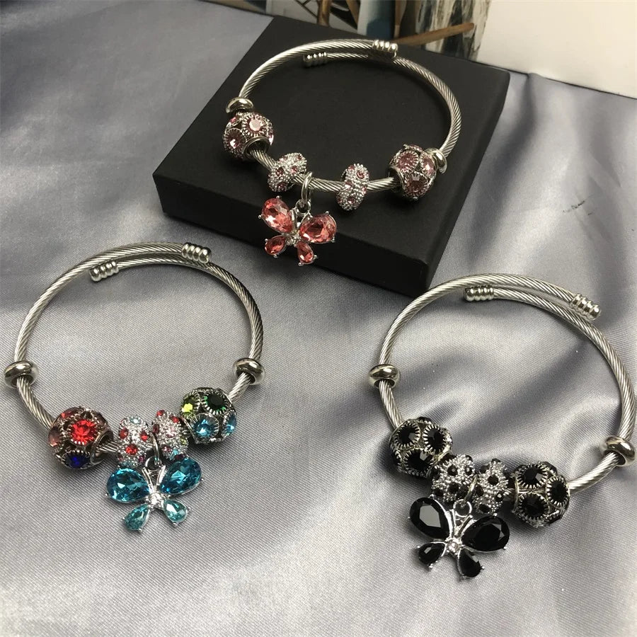 Customized OEM DIY Women Charm Bracelet Different Charms butterfly Pendants Shinny Fully Stones Charm Bracelet