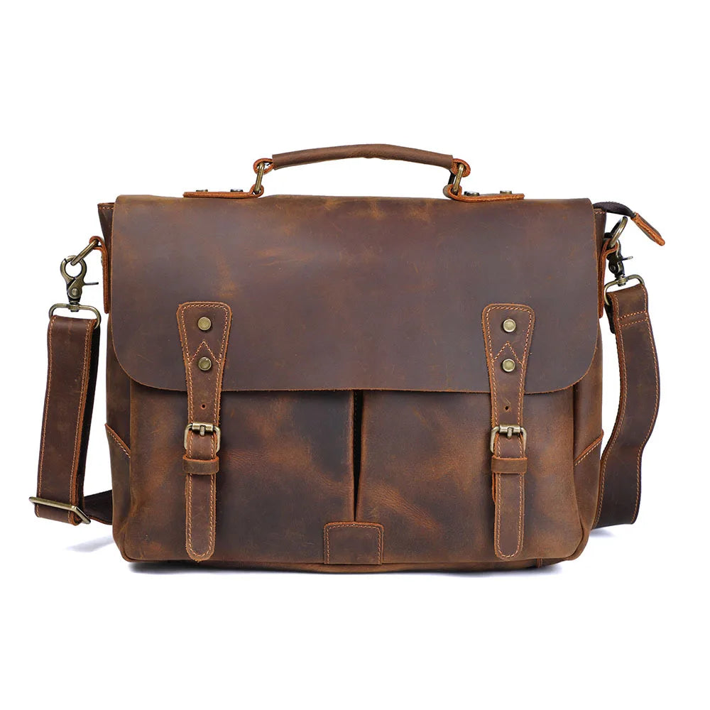 Full Grain Portable Dark Brown Leather Office Zipper Hasp Business Computer Satchel Bags Briefcases