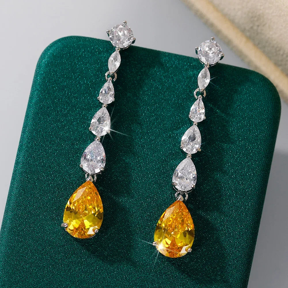 Huitan Sparkling Pear Design Yellow Cubic Zirconia Long Hanging Earring for Women Romantic Wedding Fashion Jewelry Drop Earrings
