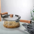 Wholesale clear High Borosilicate Heat Resistance Glass Cooking Pot with Wooden Handle
