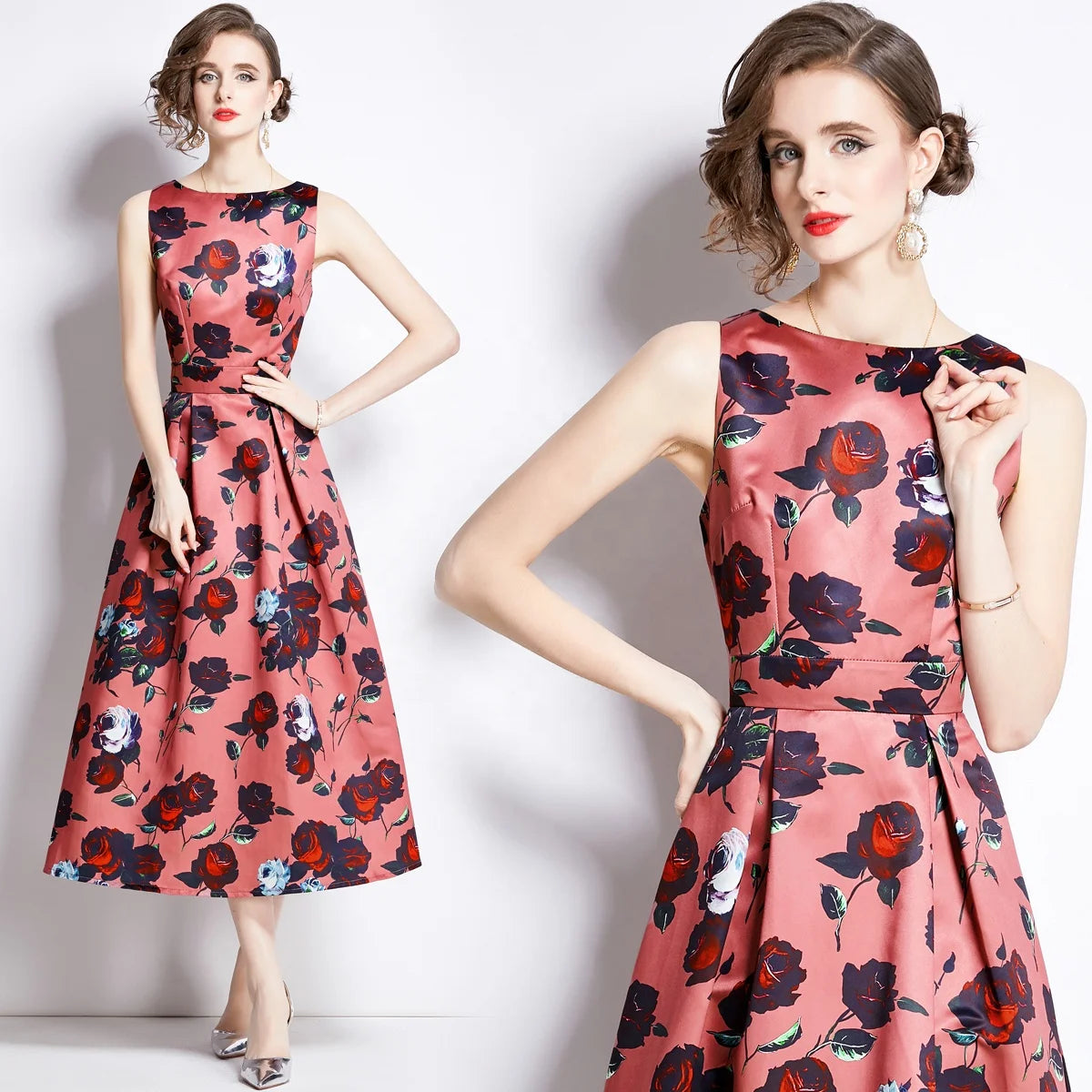 Leisure Plus Size 2024 Summer Eco-Friendly Washable Zippers Tank Top Printed Dress Women's Wrapped Waist Elegant Party Dress