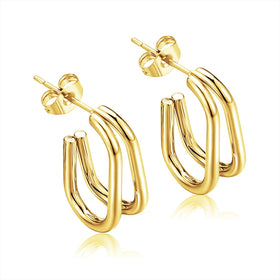 Wholesale Women's Stainless Steel Fine Jewelry Earrings Rectangle Hollow with Gold Plating Waterproof and No Fade for Parties