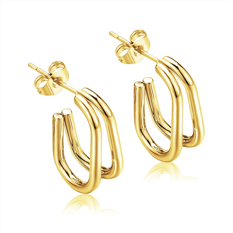 Wholesale Women's Stainless Steel Fine Jewelry Earrings Rectangle Hollow with Gold Plating Waterproof and No Fade for Parties