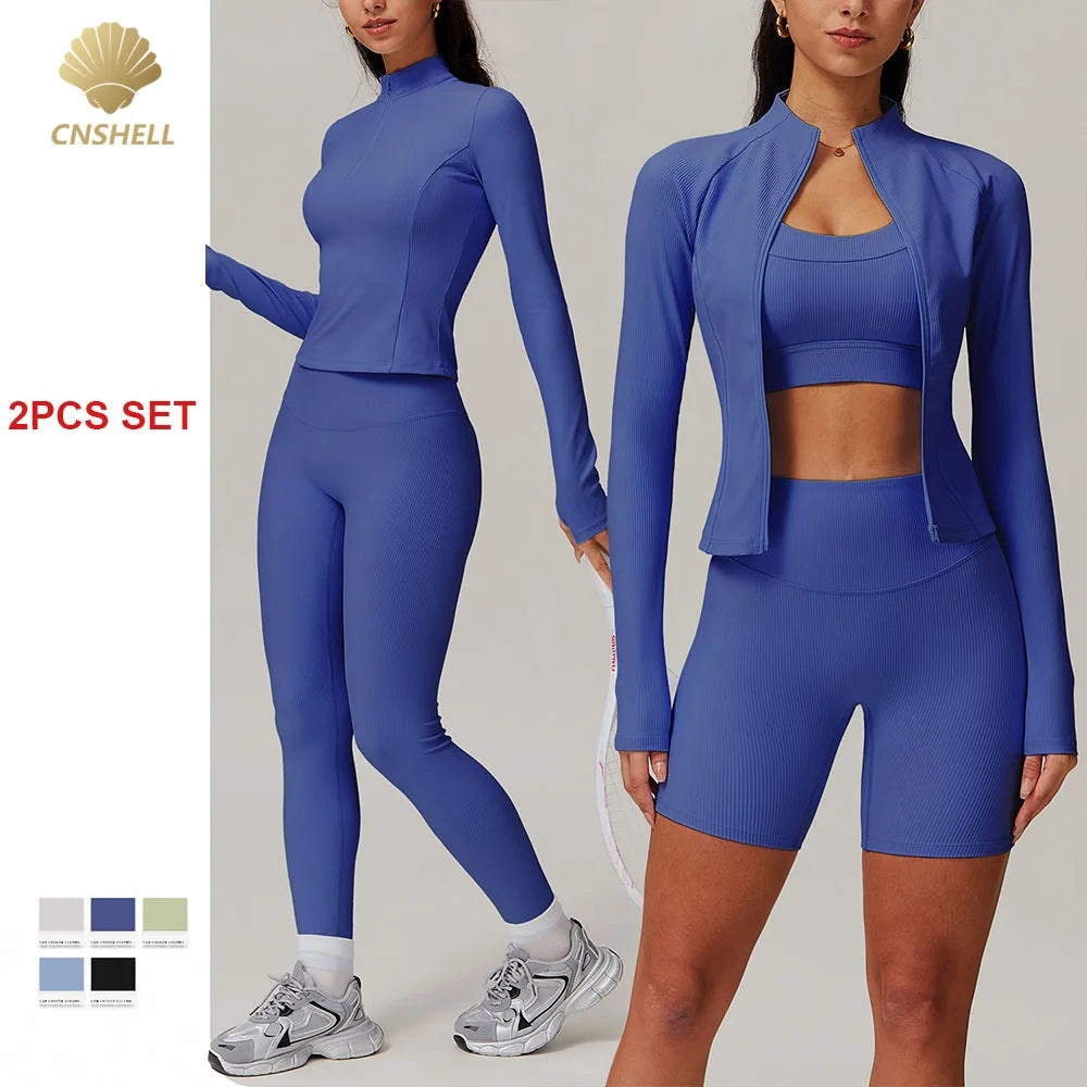 CNSHELL Custom Logo Nylon Ribbed Tight Jacket Top Legging Yoga Workout Gym Fitness Sports 2PCS Set