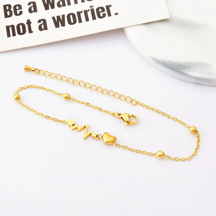 Fashion Custom Electrocardiogram  Stainless Steel  Chain Three Dimensional Heart Electroplated 18K Gold Ankle Bracelet for Women
