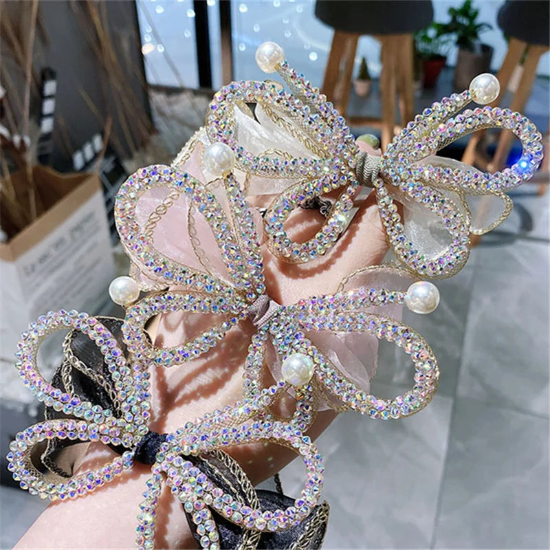 Wholesale Trendy Women Hair Accessories Crystal Pearl Butterfly Hair Scrunchies Elastic Hair Bands for Women