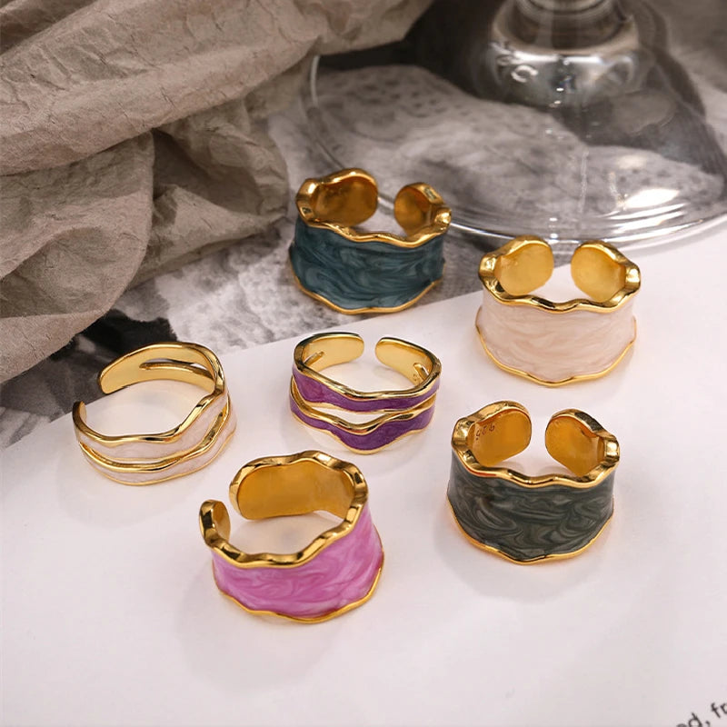 Daidan Silver Ring 925 Sterling Women Ring Enamel Silver Epoxy Wave 18K Gold Plated Enamel Rings