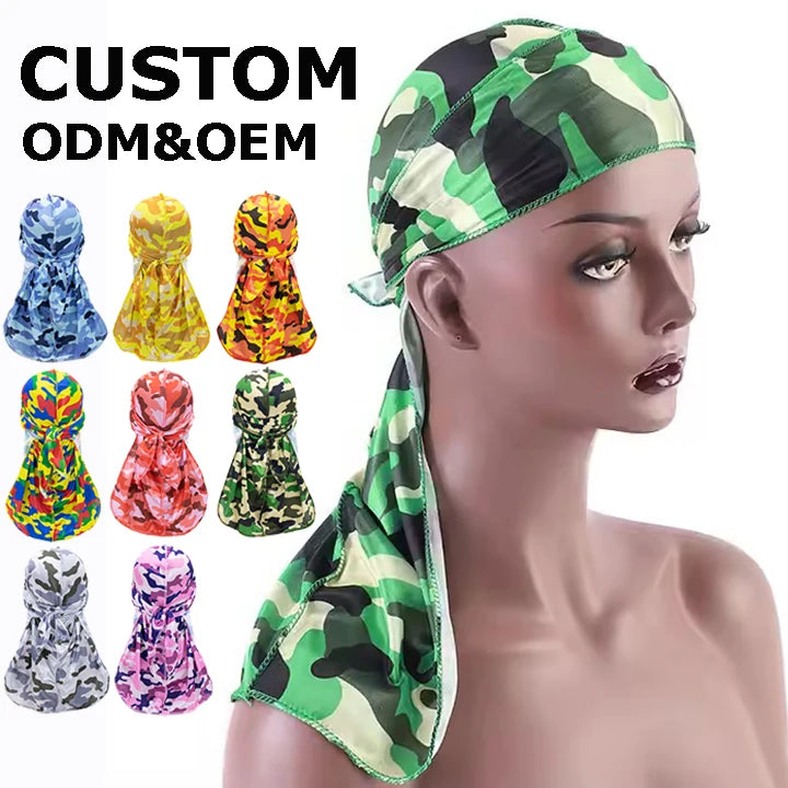 Wholesale Custom Logo Mens Hip Hop Camo Designer Satin Durags with Sunscreen Protection Extra Long Headwraps for All Seasons