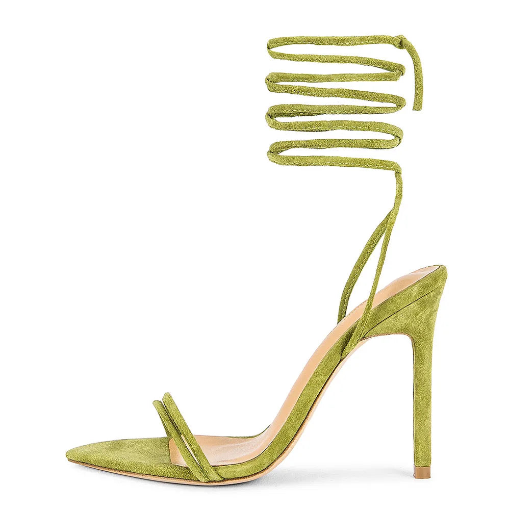 Fashion Tie up Heels Suede High Heel Sandals for Summer Pointy Toes Open Shoes